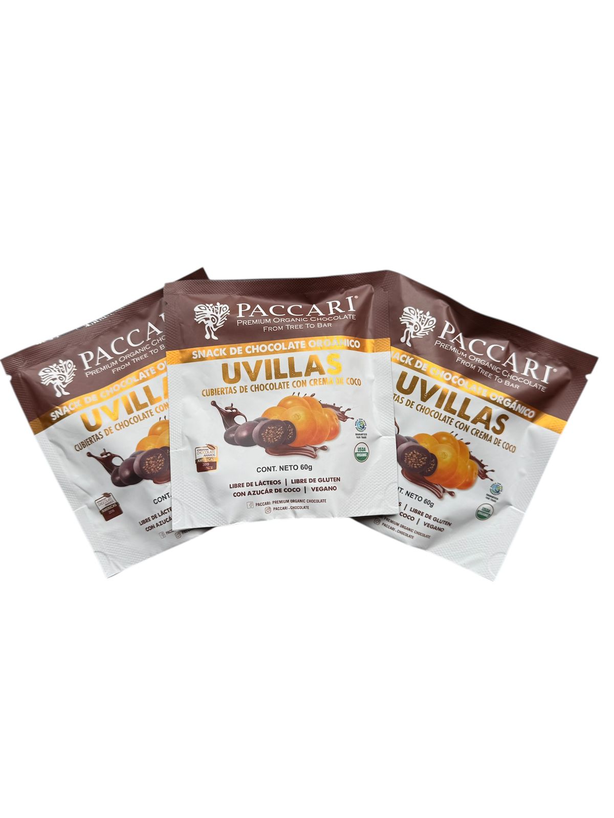OFERTA! 3 UVILLAS cubiertas con chocolate y crema de coco Paccari 60gr