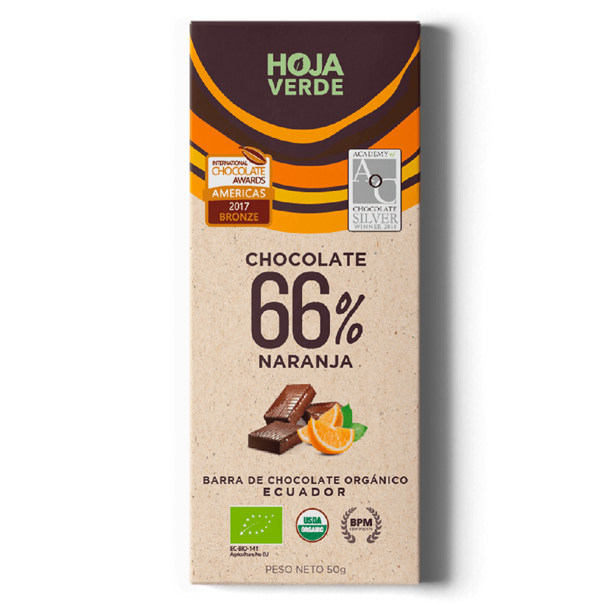 Barra de Chocolate Naranja 66% 50gr
